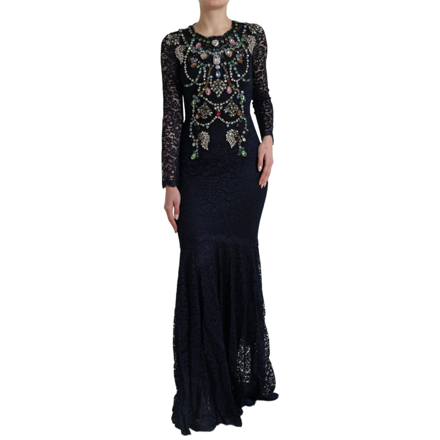 Dolce & Gabbana Blue Crystal Floral Lace Long Gown Dress Dolce & Gabbana