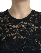 Dolce & Gabbana black floral lace crystal sheath dress with elegant fitted silhouette and intricate lace details.