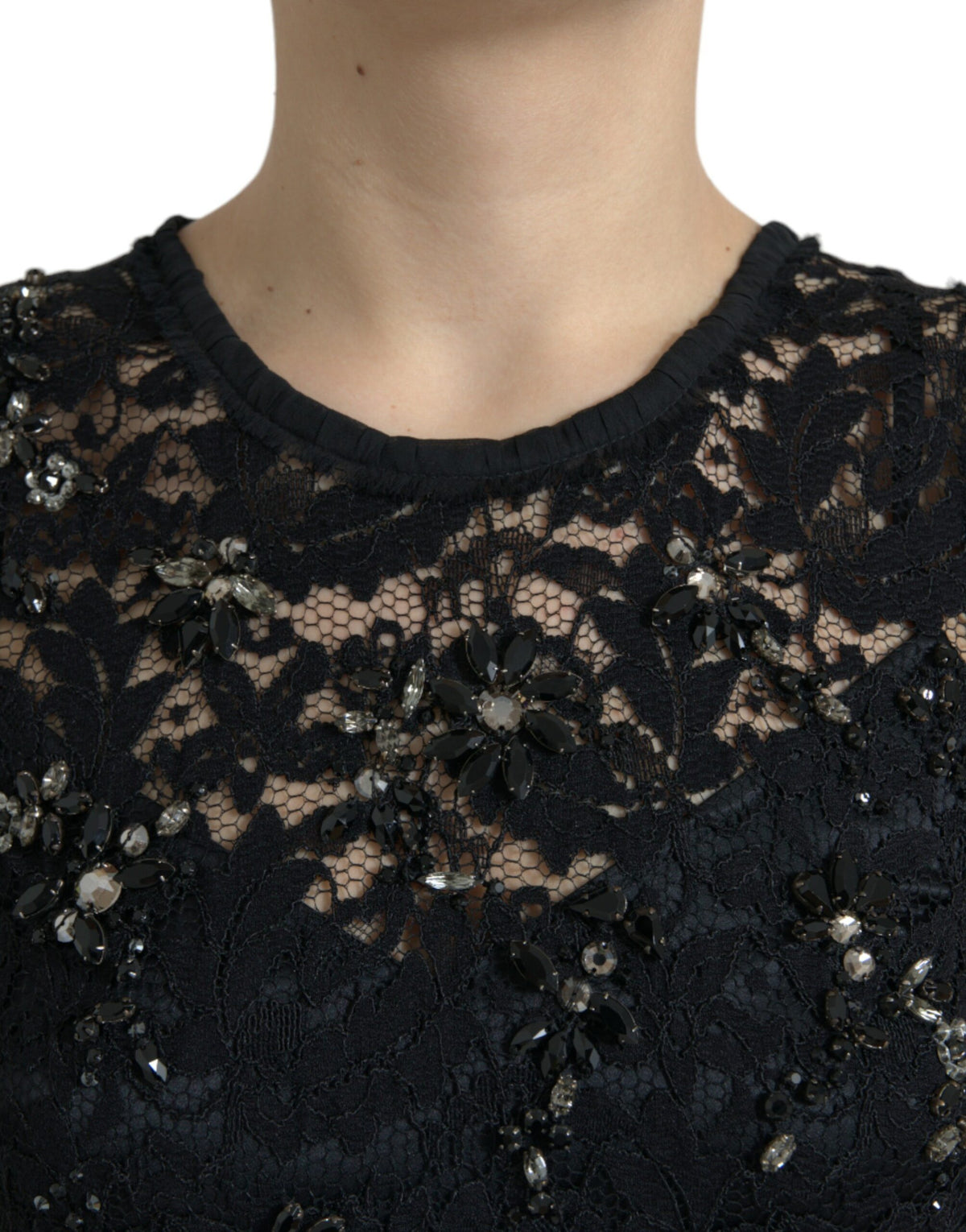 Dolce & Gabbana black floral lace crystal sheath dress with elegant fitted silhouette and intricate lace details.