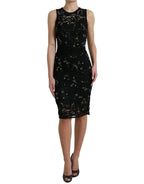 Dolce & Gabbana black floral lace crystal sheath dress with elegant fitted silhouette and intricate lace detailing.