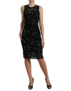 Dolce & Gabbana black floral lace crystal sheath dress featuring intricate lace details and elegant crystal embellishments.