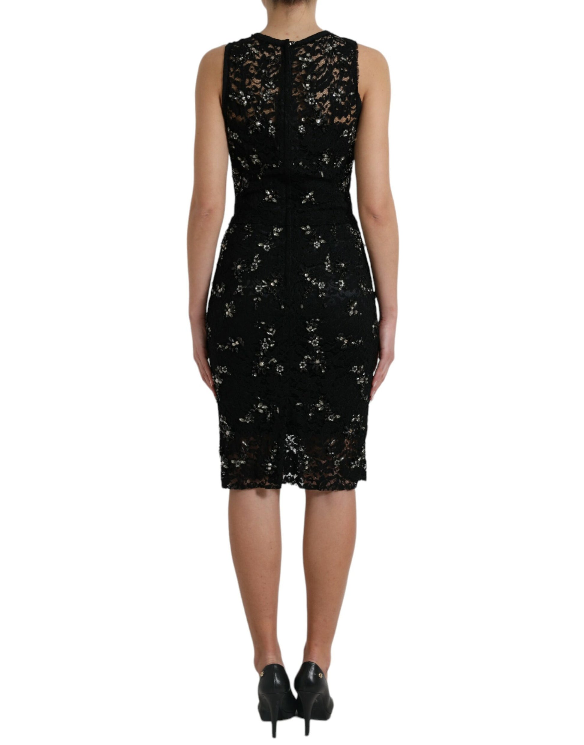 Dolce & Gabbana Black Floral Lace Crystal Sheath Dress Dolce & Gabbana