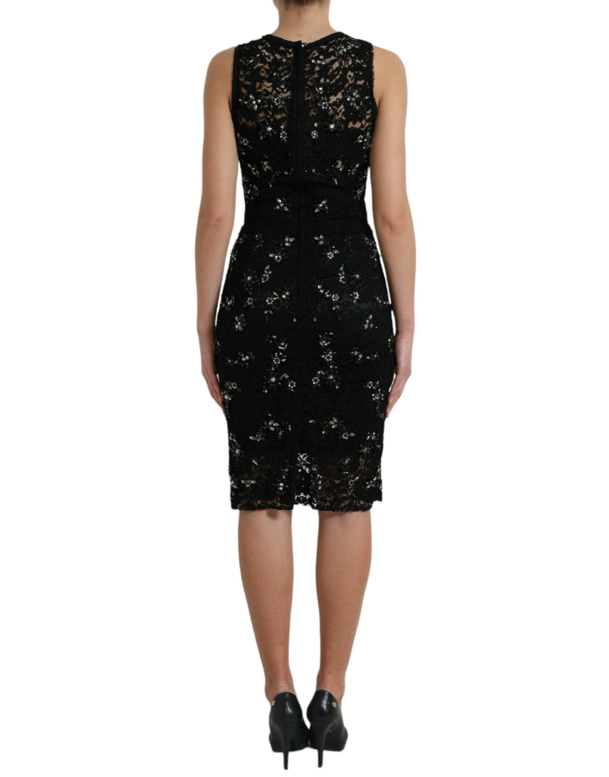 Dolce & Gabbana black floral lace crystal sheath dress with intricate lace details and sparkling embellishments.