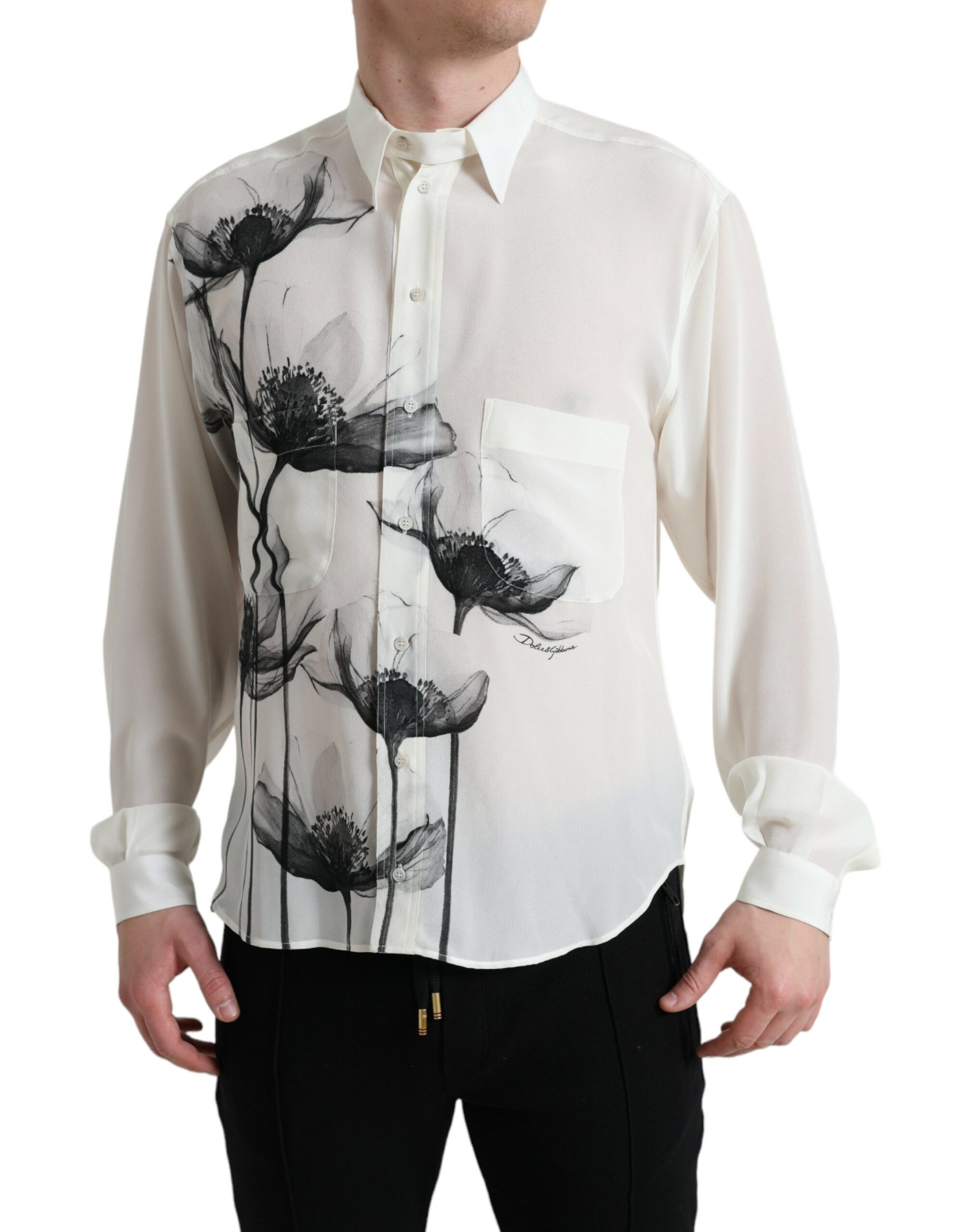 Dolce & Gabbana White Floral Collared Dress Silk Shirt Dolce & Gabbana