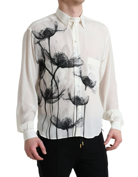 Dolce & Gabbana White Floral Collared Dress Silk Shirt Dolce & Gabbana