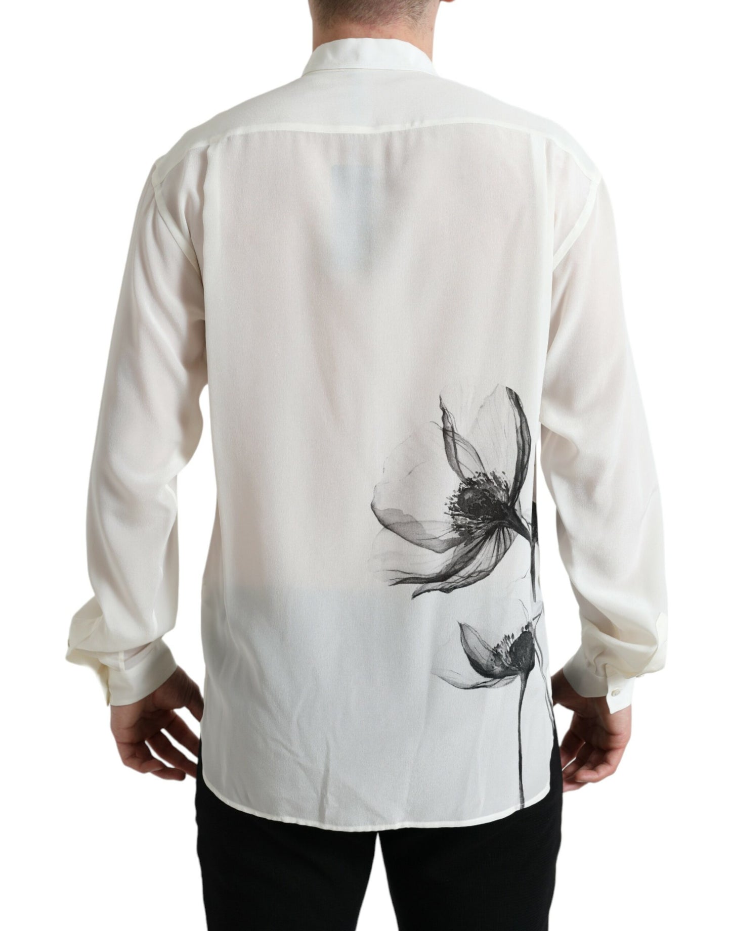 Dolce & Gabbana White Floral Collared Dress Silk Shirt Dolce & Gabbana