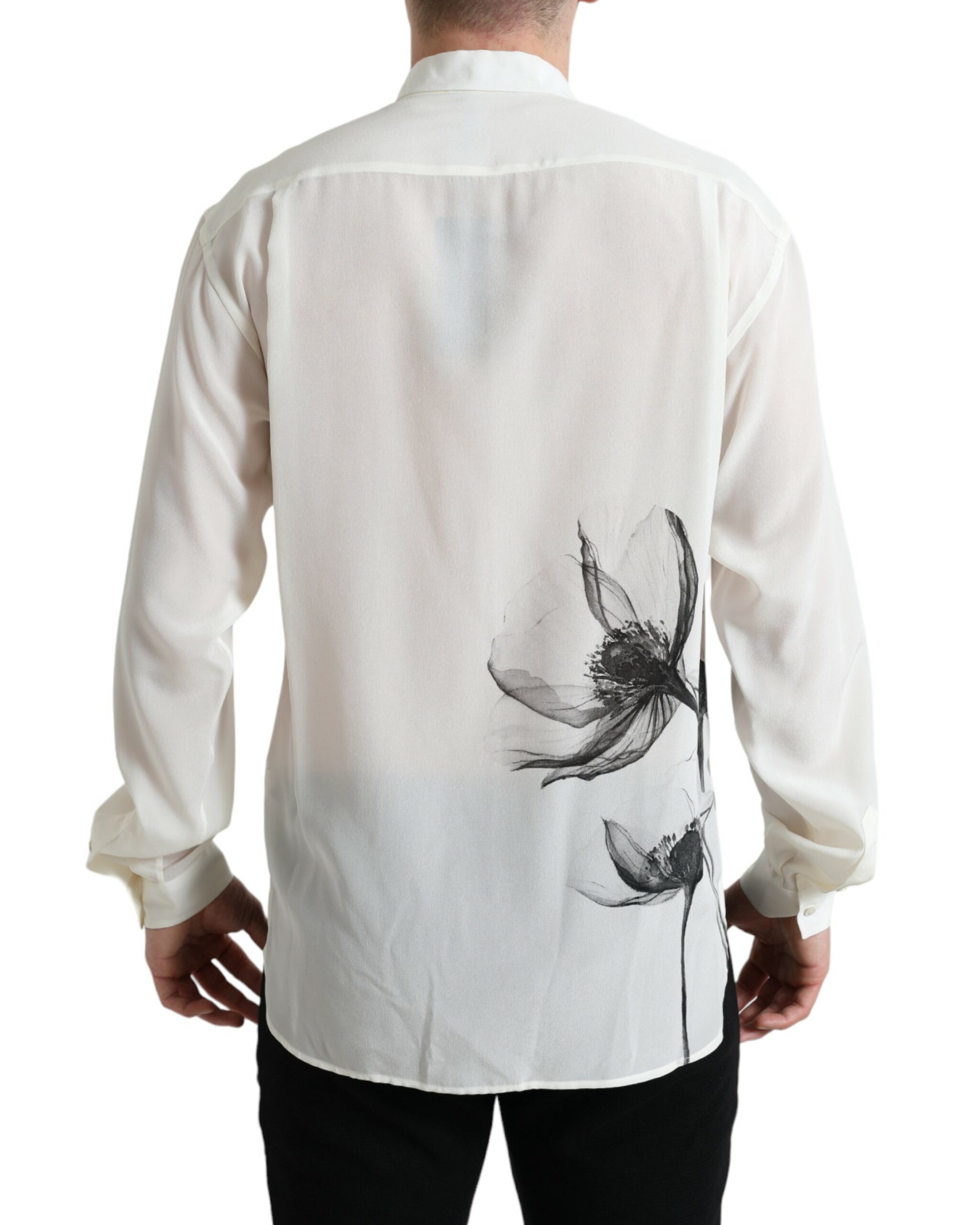 Dolce & Gabbana White Floral Collared Dress Silk Shirt Dolce & Gabbana