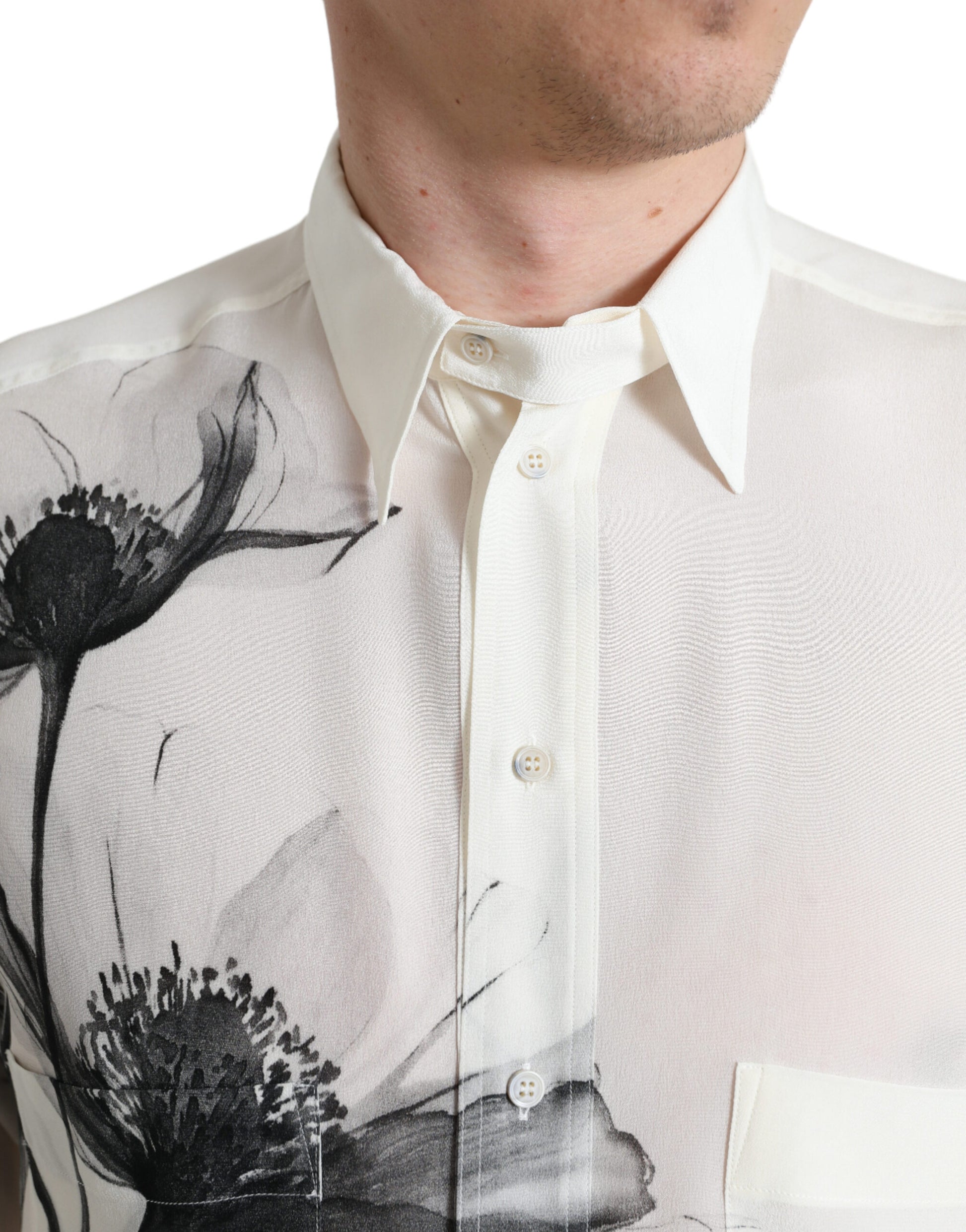 Dolce & Gabbana White Floral Collared Dress Silk Shirt Dolce & Gabbana