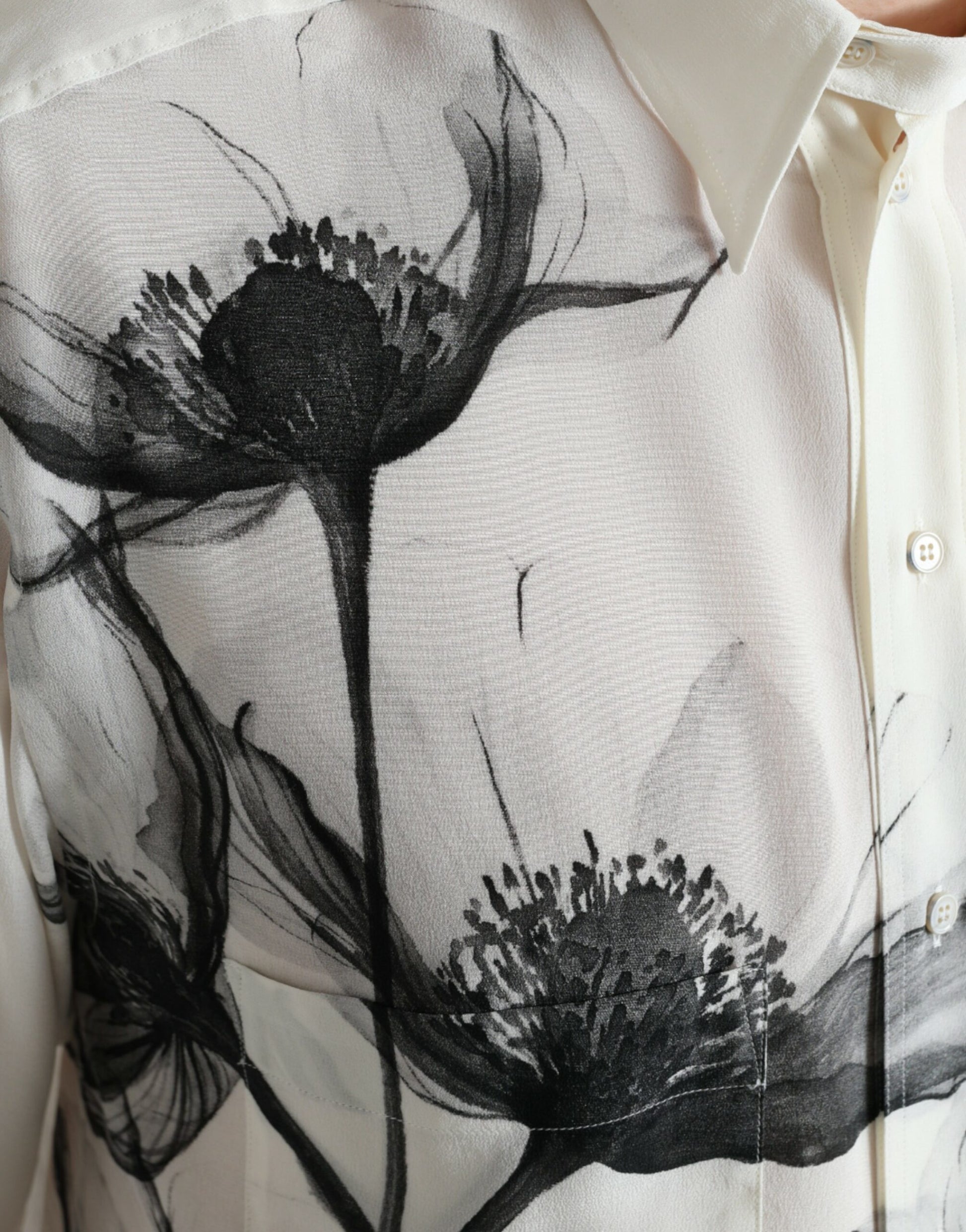 Dolce & Gabbana White Floral Collared Dress Silk Shirt Dolce & Gabbana