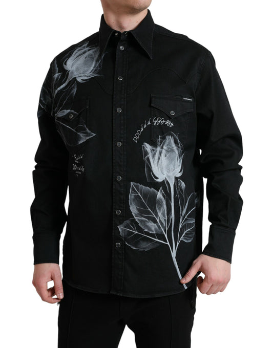 Dolce & Gabbana Black Floral Cotton Collared Dress Shirt Dolce & Gabbana