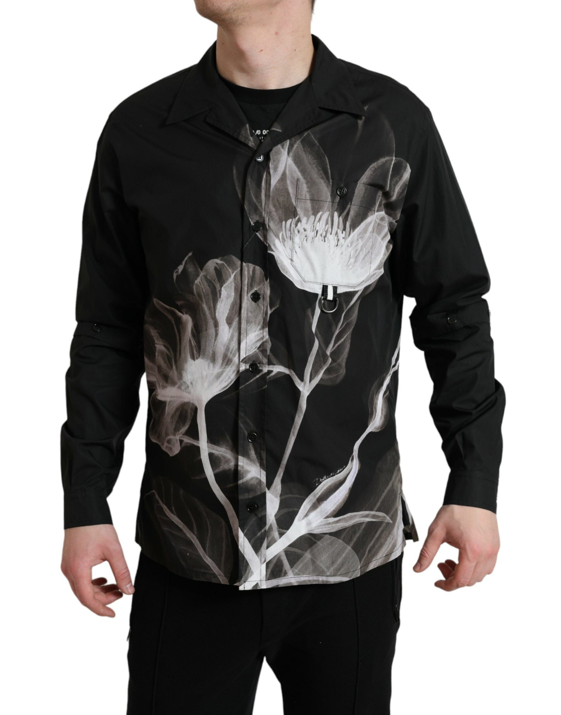 Dolce & Gabbana Black Floral Cotton Collared Long Sleeves Men Shirt Dolce & Gabbana