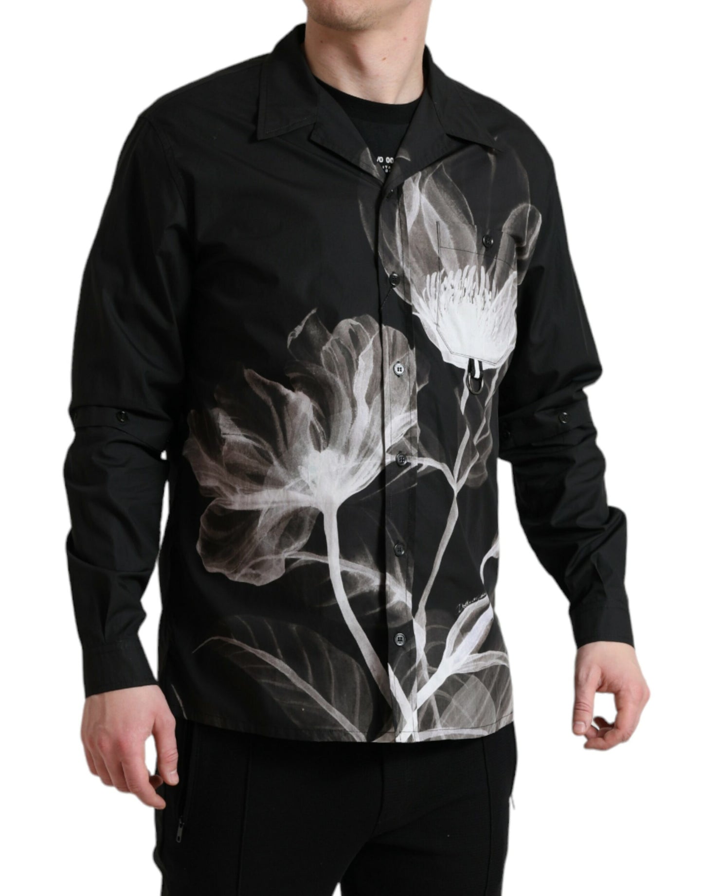Dolce & Gabbana Black Floral Cotton Collared Long Sleeves Men Shirt Dolce & Gabbana