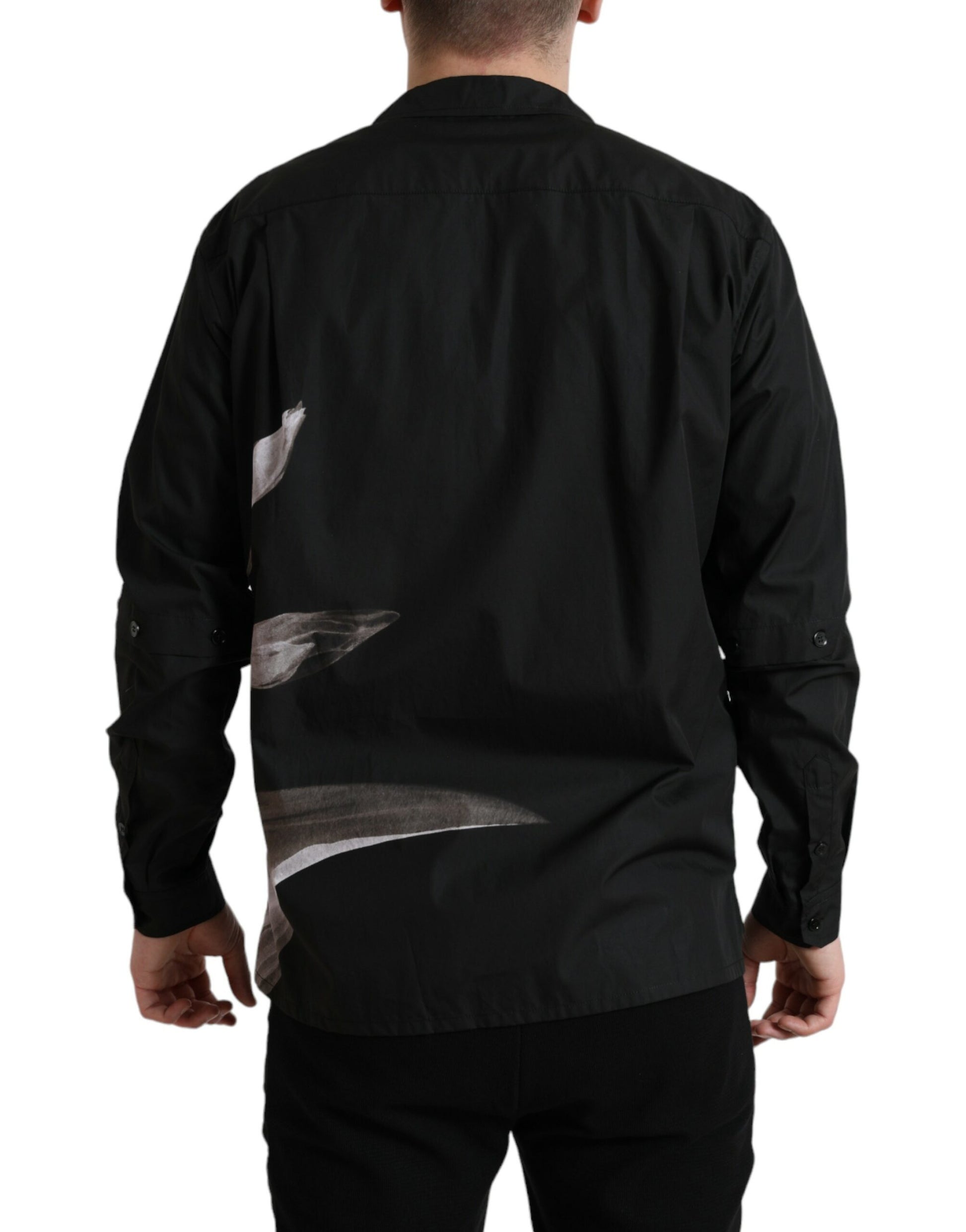 Dolce & Gabbana Black Floral Cotton Collared Long Sleeves Men Shirt Dolce & Gabbana