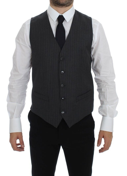 Dolce & Gabbana Black Striped Wool Single Breasted Vest Dolce & Gabbana