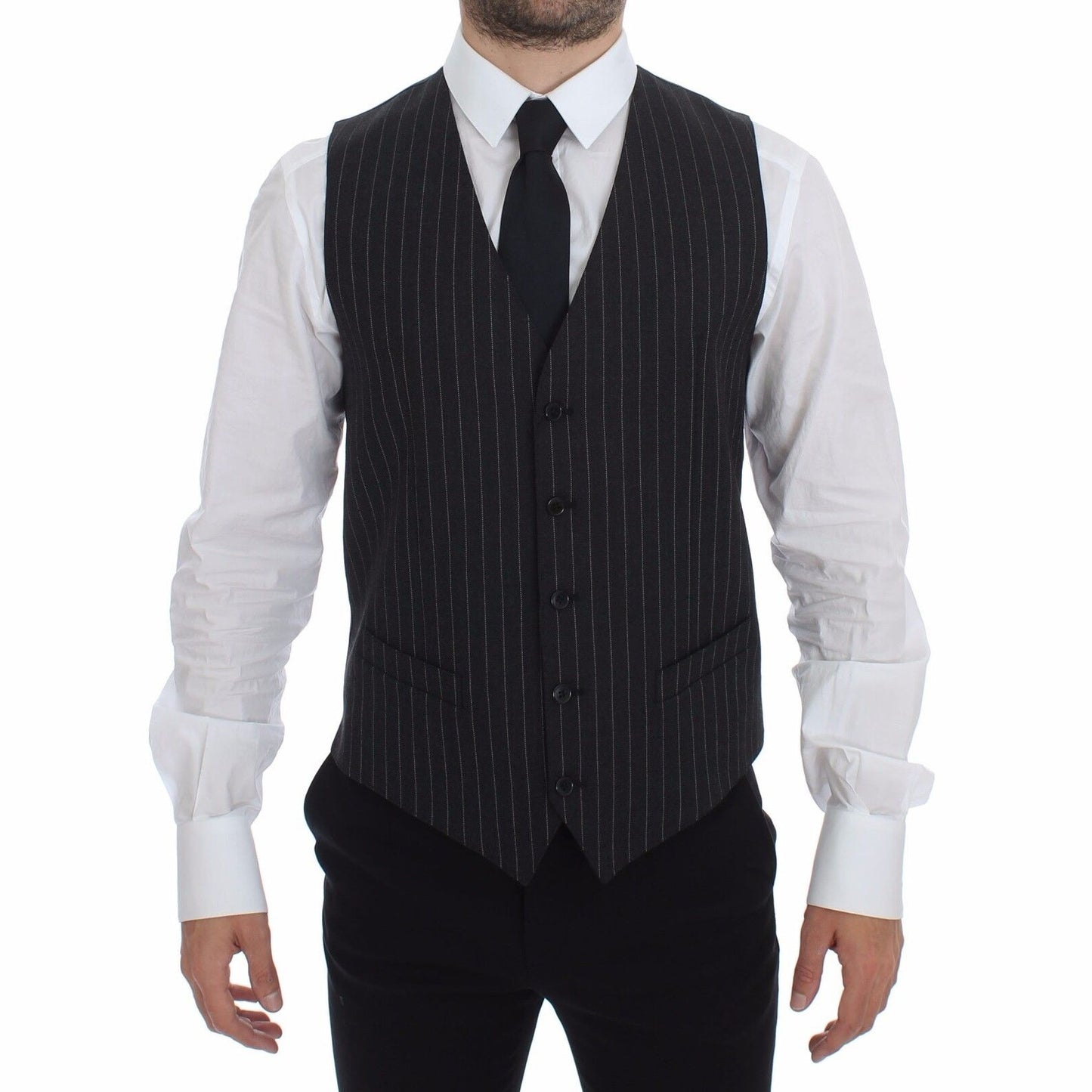 Dolce & Gabbana Gray Striped Wool Logo Vest Gilet Weste