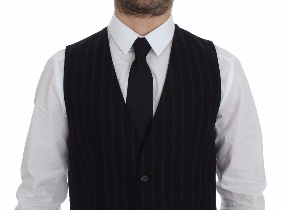 Dolce & Gabbana Black Striped Wool Logo Vest Gilet Weste - Eljoys Fashion 