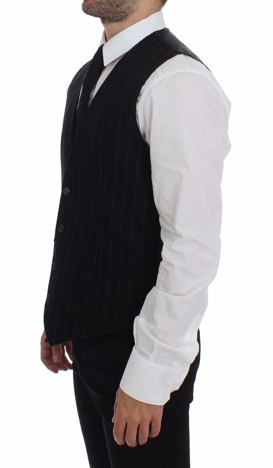 Dolce & Gabbana Black Striped Wool Logo Vest Gilet Weste - Eljoys Fashion 