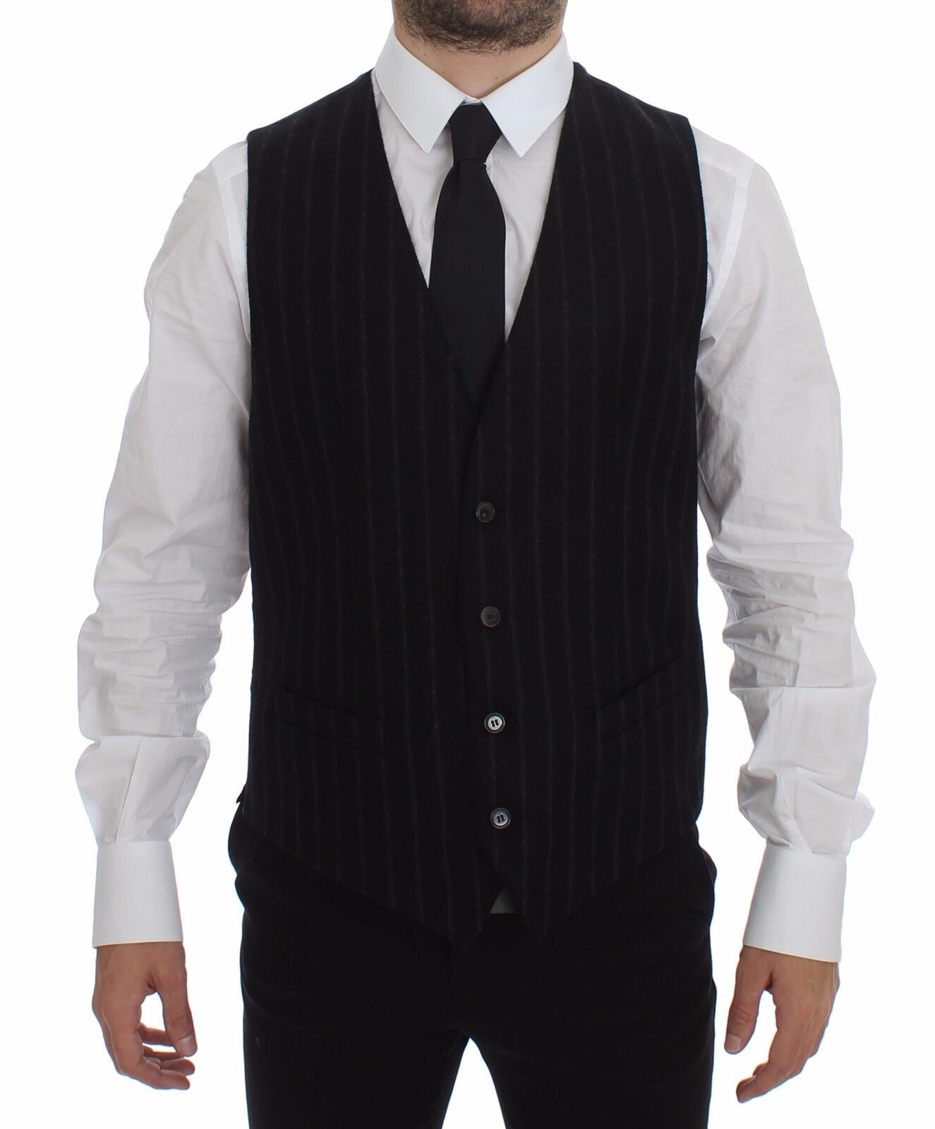 Dolce & Gabbana Black Striped Wool Logo Vest Gilet Weste Dolce & Gabbana