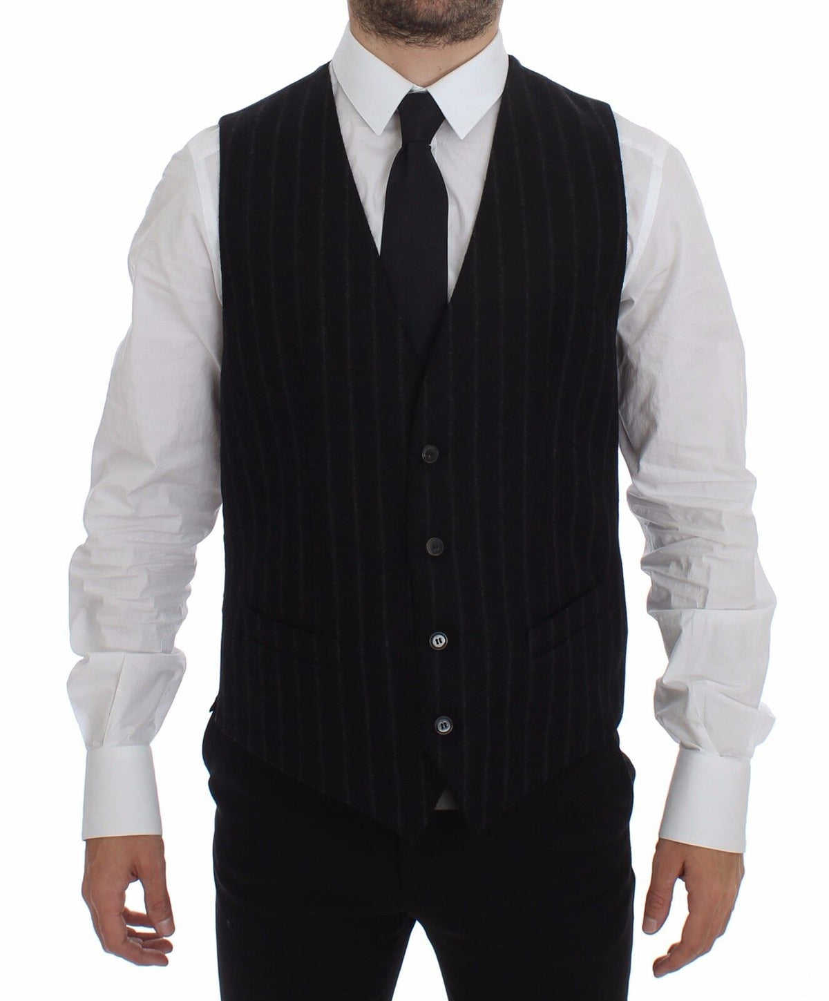 Dolce & Gabbana Black Striped Wool Logo Vest Gilet Weste - Eljoys Fashion 