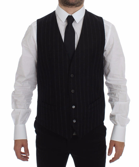 Dolce & Gabbana Black Striped Wool Logo Vest Gilet Weste Dolce & Gabbana