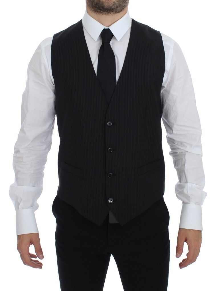 Dolce & Gabbana Black Striped Wool Single Breasted Vest Dolce & Gabbana