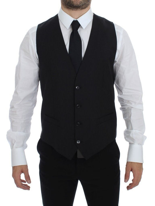Dolce & Gabbana Black Striped Wool Single Breasted Vest Dolce & Gabbana