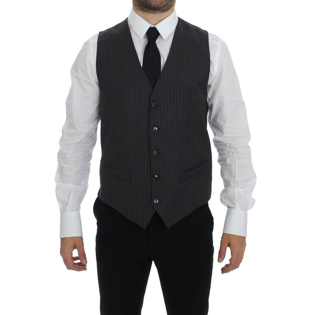 Dolce & Gabbana Gray Striped Wool Single Breasted Vest