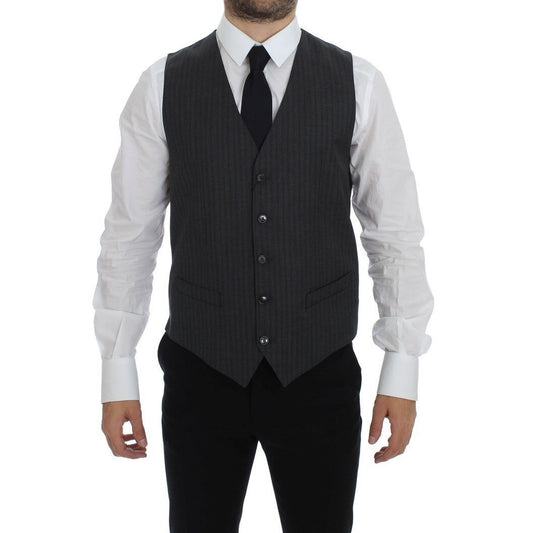 Dolce & Gabbana Gray Striped Wool Single Breasted Vest