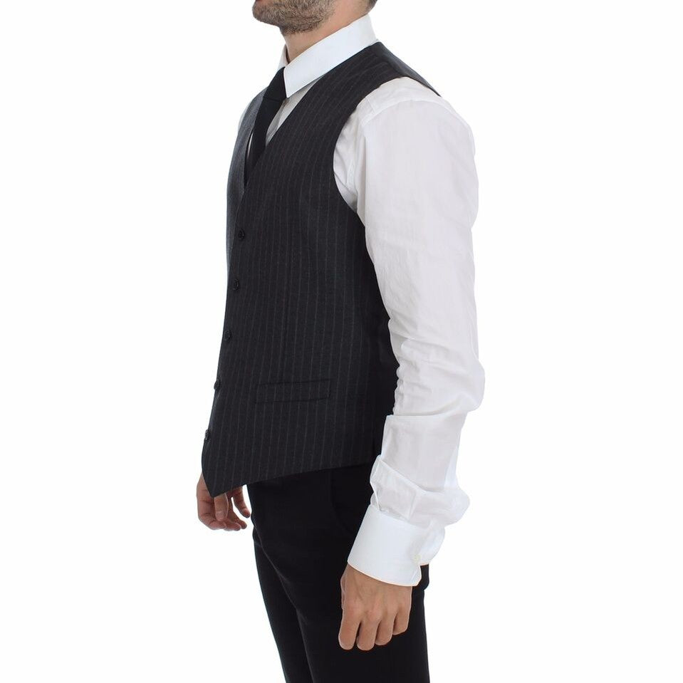 Dolce & Gabbana Gray Striped Wool Logo Vest Gilet Weste