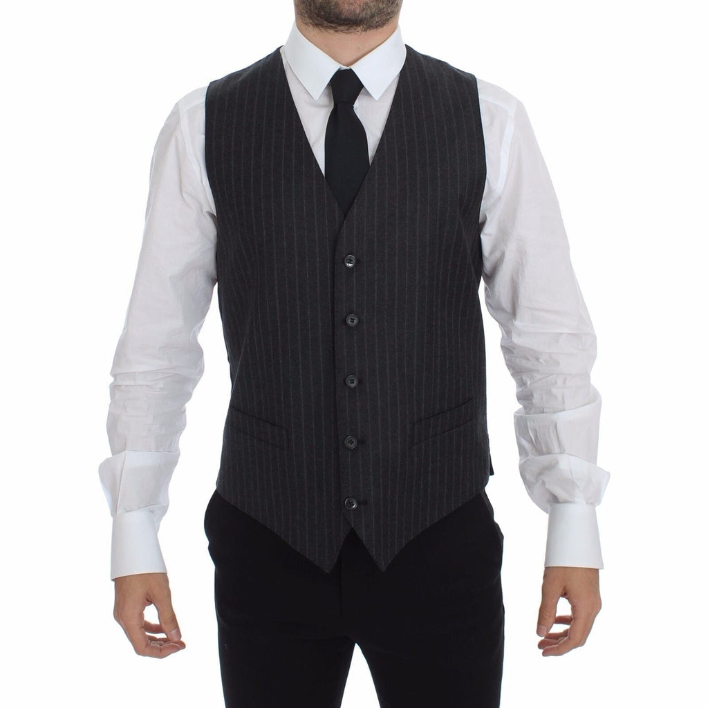 Dolce & Gabbana Gray Striped Wool Logo Vest Gilet Weste