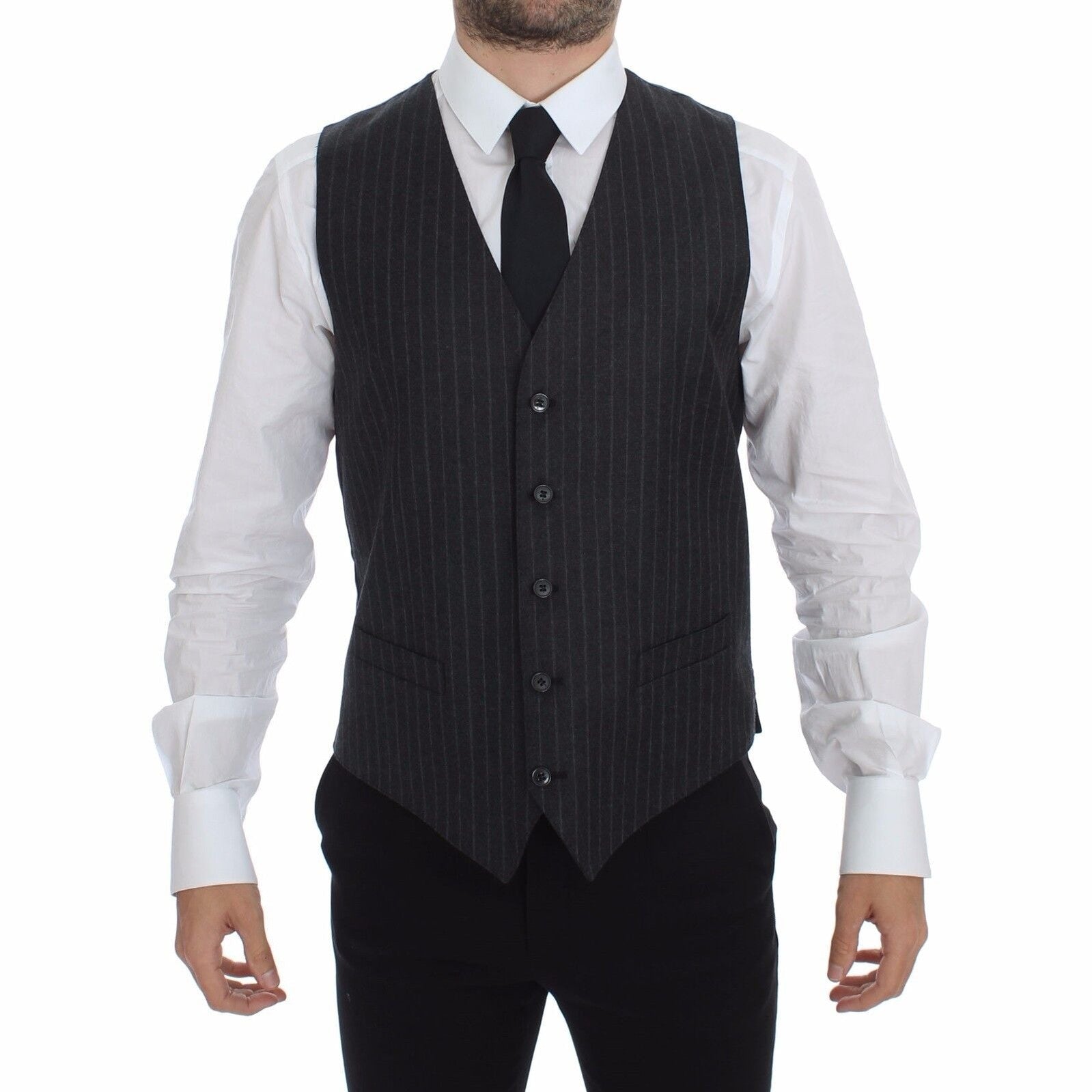 Dolce & Gabbana Gray Striped Wool Logo Vest Gilet Weste