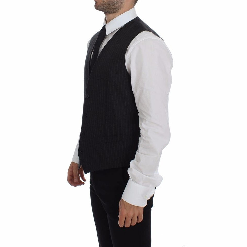 Dolce & Gabbana Gray Striped Wool Logo Vest Gilet Vests