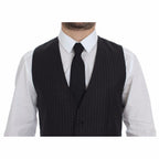Dolce & Gabbana Gray Striped Wool Logo Vest Gilet Vests