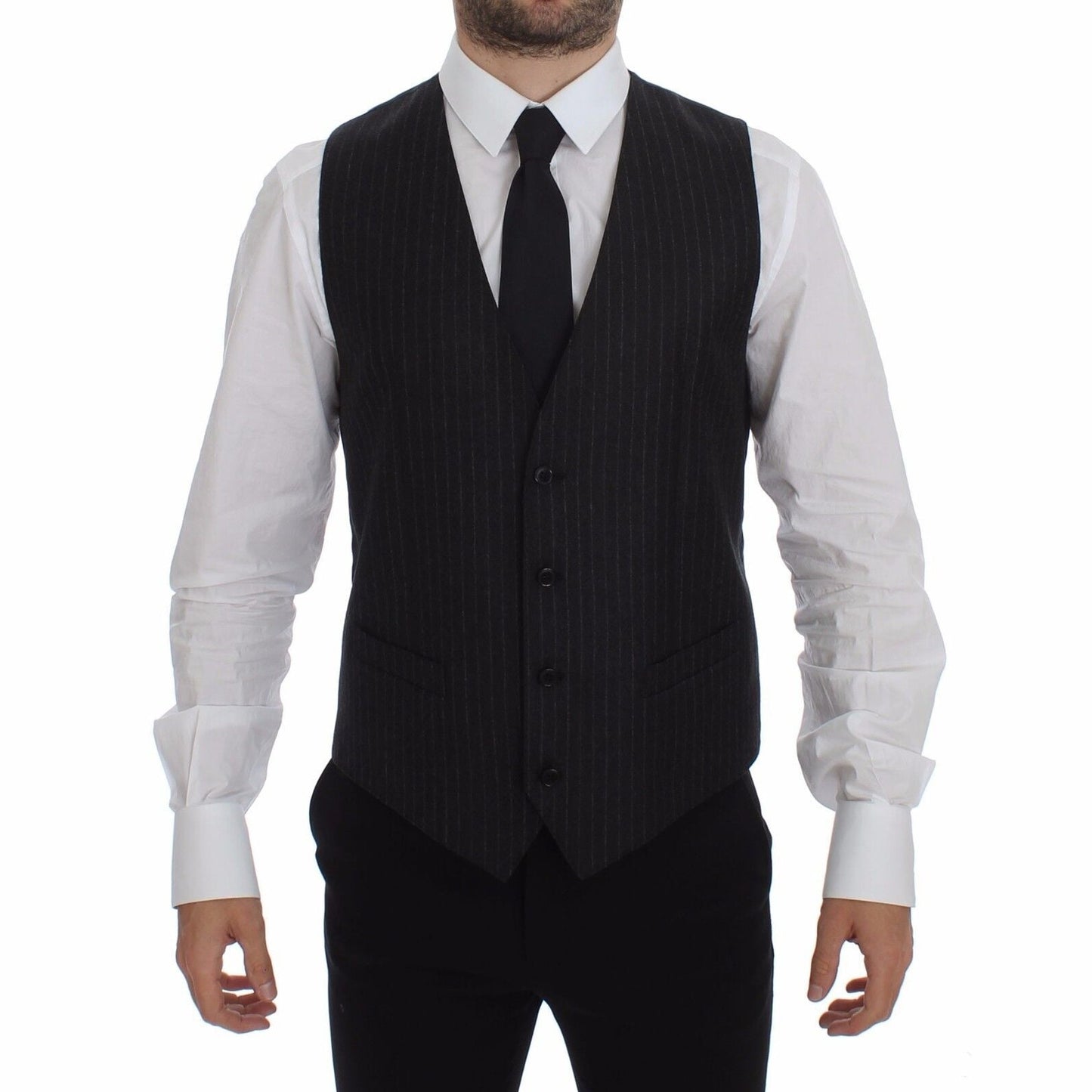 Dolce & Gabbana Gray Striped Wool Logo Vest Gilet Vests