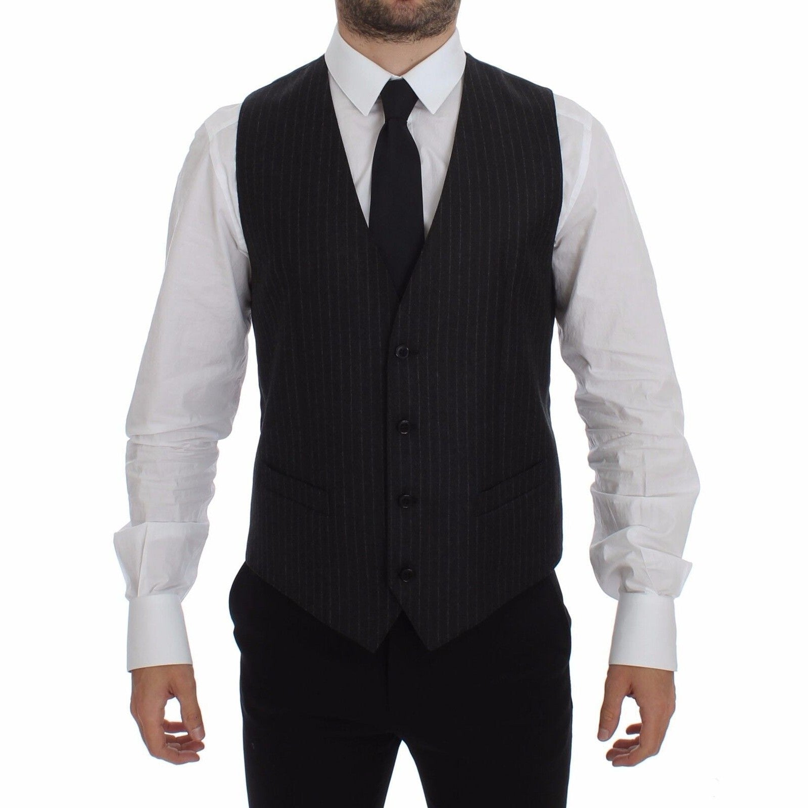 Dolce & Gabbana Gray Striped Wool Logo Vest Gilet Vests