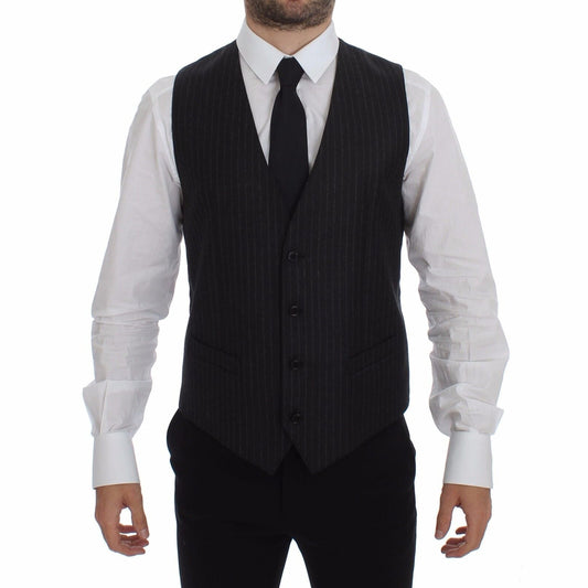 Dolce & Gabbana Gray Striped Wool Logo Vest Gilet Vests