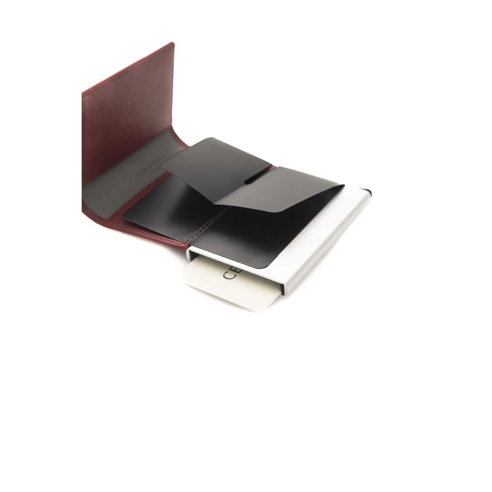 Red Cerruti 1881 calfskin men's wallet with sleek design and embossed logo, featuring multiple card slots and a cash compartment.