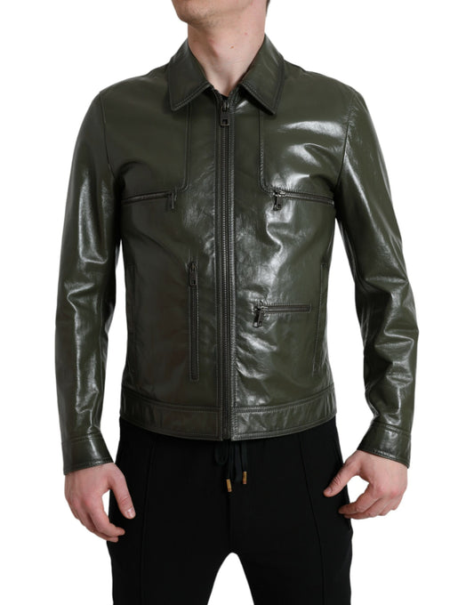 Dolce & Gabbana Green Leather Collared Biker Full Zip Jacket Dolce & Gabbana