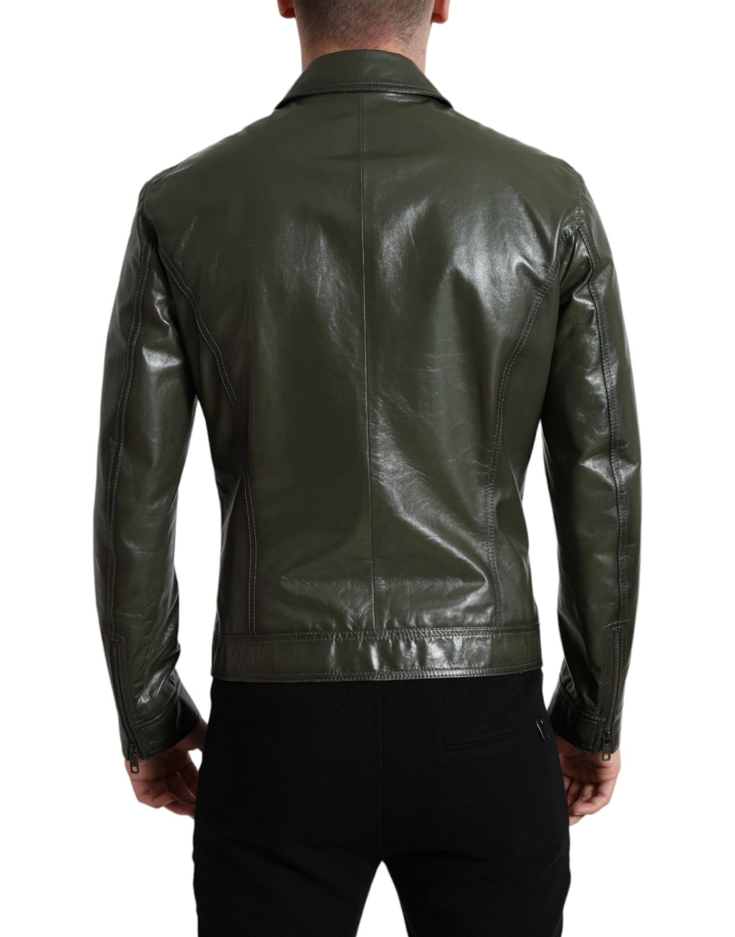 Dolce & Gabbana Green Leather Collared Biker Full Zip Jacket Dolce & Gabbana