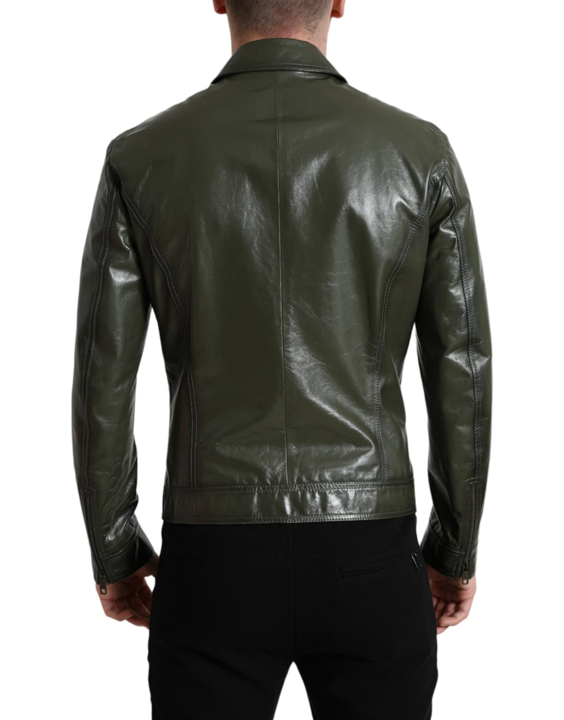 Dolce & Gabbana Green Leather Collared Biker Full Zip Jacket Dolce & Gabbana