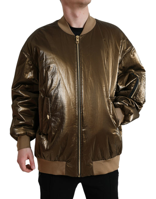 Dolce & Gabbana Bronze Nylon Full Zip Men Bomber Jacket Dolce & Gabbana