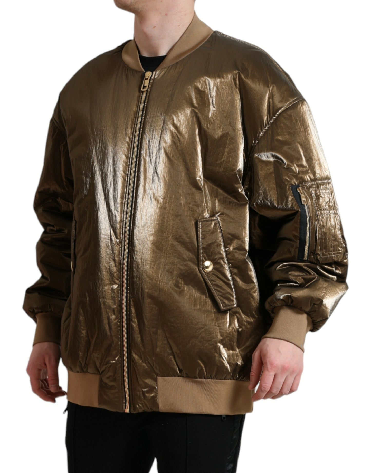 Dolce & Gabbana Bronze Nylon Full Zip Men Bomber Jacket Dolce & Gabbana