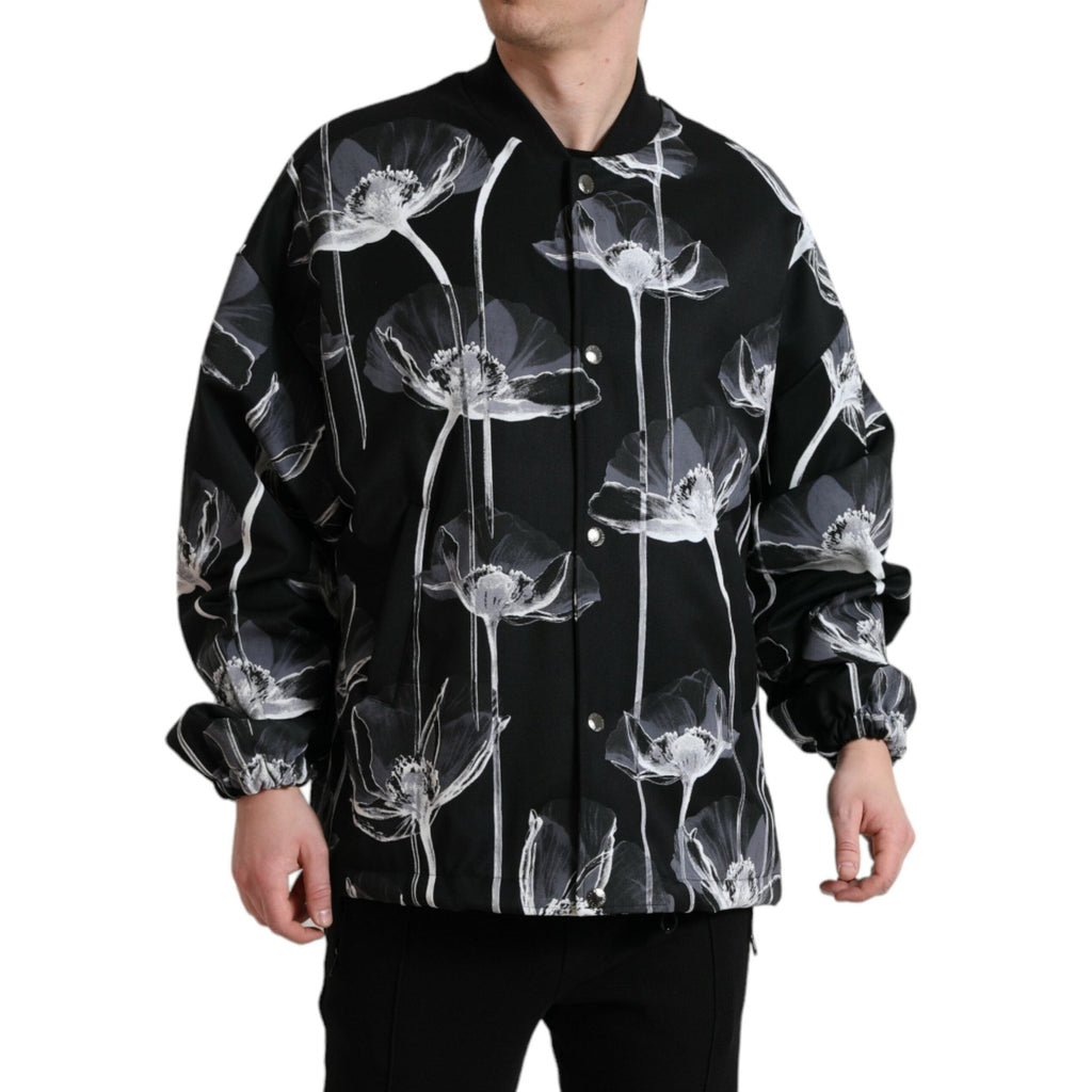 Dolce & Gabbana black floral print wool bomber jacket with button-down front and ribbed cuffs, stylish and lightweight.