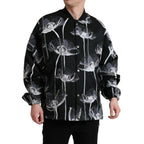 Dolce & Gabbana black floral print wool bomber jacket with button-down front and ribbed cuffs, stylish and lightweight.