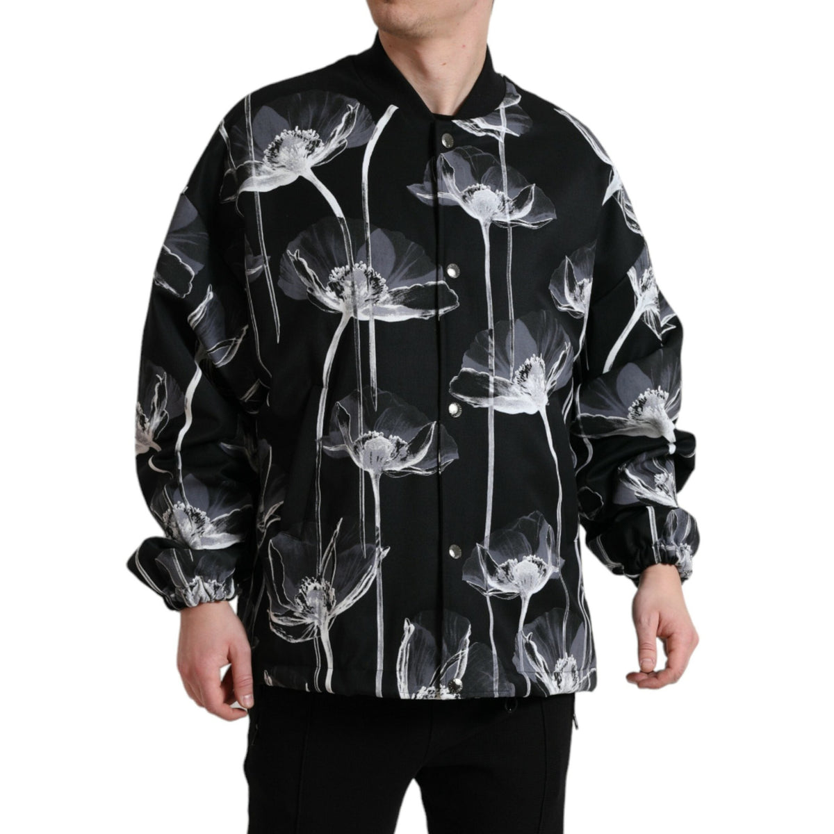 Dolce & Gabbana black floral print wool bomber jacket with button-down front and ribbed cuffs, stylish and lightweight.