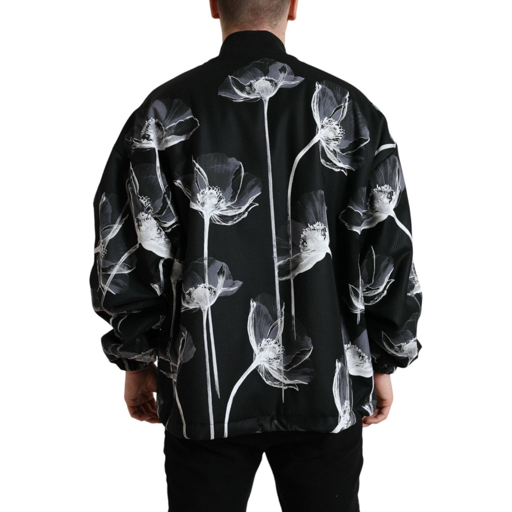 Dolce & Gabbana black floral print wool bomber jacket with button-down front and ribbed cuffs, stylish and luxurious outerwear.