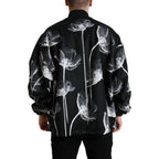 Dolce & Gabbana black floral print wool bomber jacket with button-down front and ribbed cuffs, stylish and luxurious outerwear.