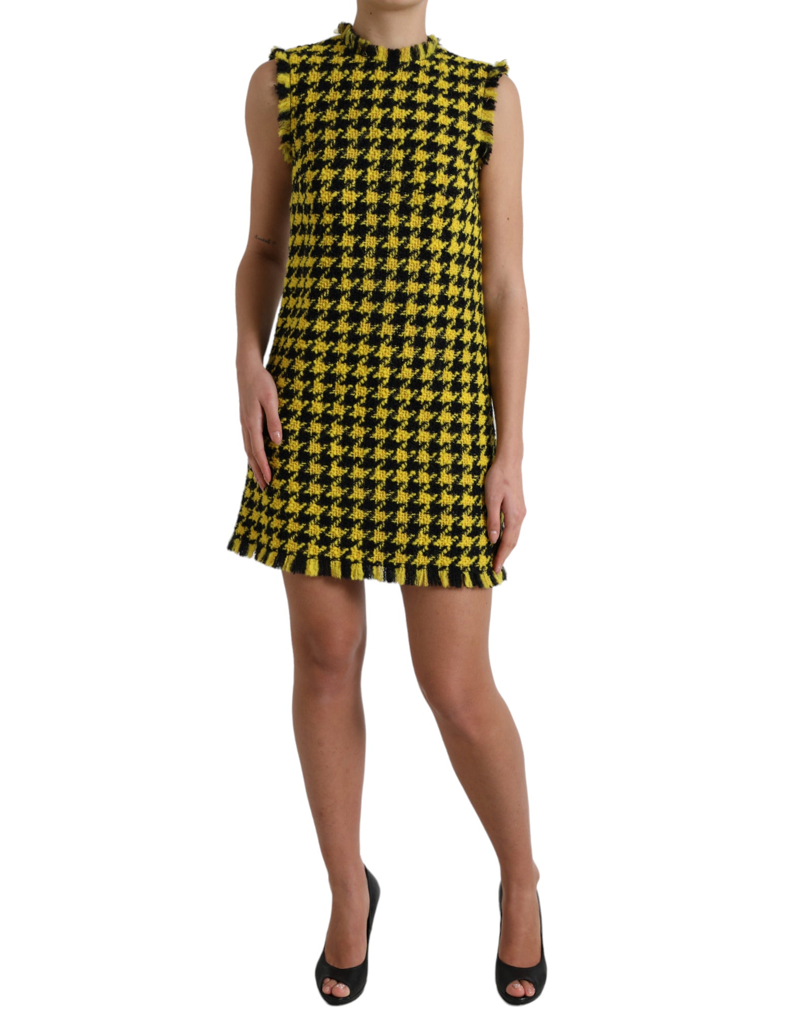 Dolce & Gabbana Yellow Houndstooth Sleeveless Aline Mini Dress Dolce & Gabbana