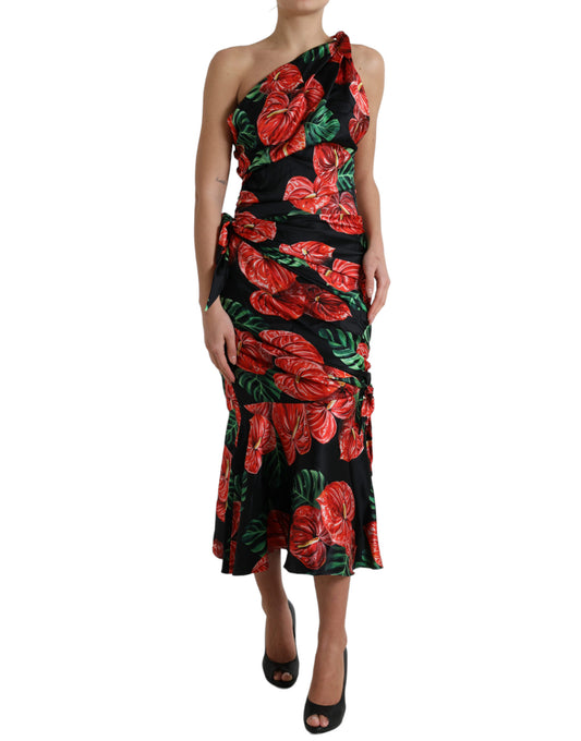 Dolce & Gabbana Black Shiny Silk Floral Print Draped Dress Dolce & Gabbana