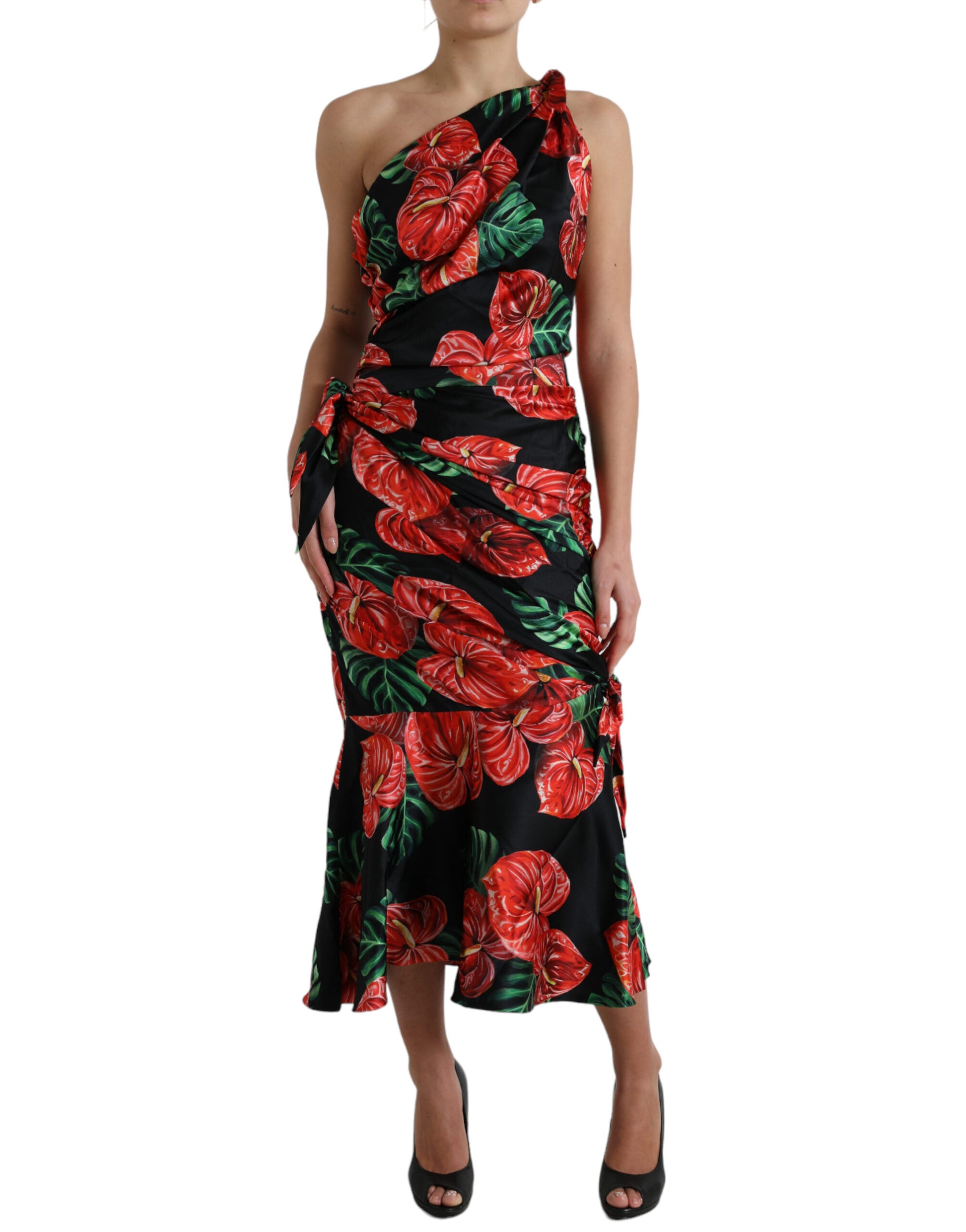 Dolce & Gabbana Black Shiny Silk Floral Print Draped Dress Dolce & Gabbana